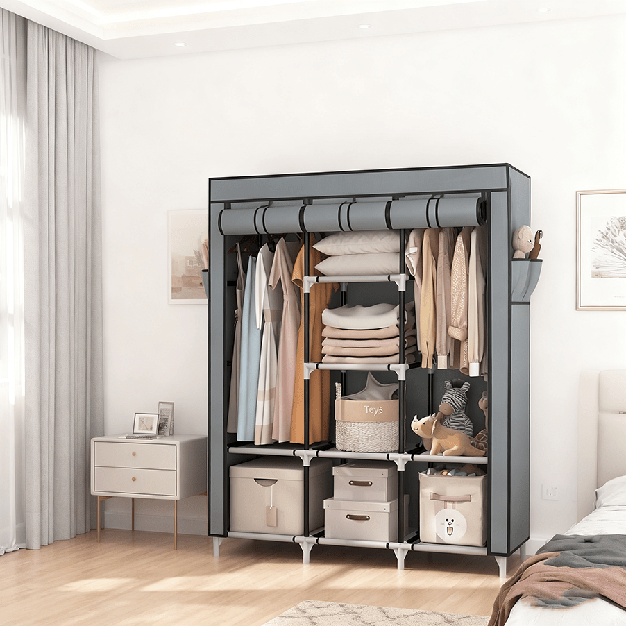 Portable Wardrobe Closet Clothes Organizer Non-Woven Fabric Cover with 6 Storage Shelves, 2 Hanging Sections, And 4 Side Pockets, Bedroom Wardrobe Dust-proof Storage, Portable Assembly Wardrobe, Living Room Wardrobe, Sturdy And Durable Wardrobe (170*128*4