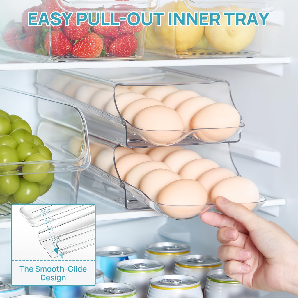 Lear Plastic Egg Holder for Fridge, Automatic Rolling Egg Container for Refrigerator, Stackable 14-Count Eggs Organizer with Removable Inner Tray, Fridge Organizers And Storage, 1/2Pack