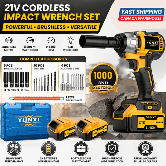 21V Brushless Lithium Cordless Impact Wrench + Drill Kit, Wireless Impact Gun Drill. Optional Toolbox, Charger, Sockets And Complete Accessories. Suitable for Car And Home Use, Ideal Gift for Men, Perfect for Father's Day.