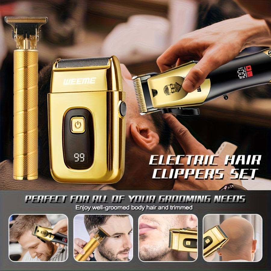 Weeme Men'S Makeup Bag 1pack/ 3pcs/4pcs, Golden And Black Hair Clippers With USB Charging LCD Screen, 8 Guide Combs, Cutting Machine And Shaver, Including Cleaning Brush And Comb, Men'S Economy Gift, Ideal Father'S Day Gift For Men.