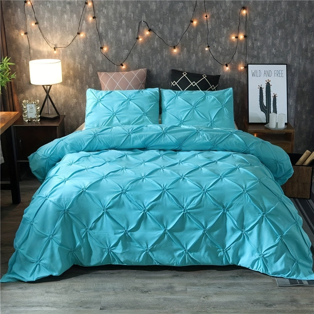 Pinch Pleat Tufted Duvet Cover Set 2/3pcs White – Geometric Comforter Cover with Pillow Shams, Soft All-Season Bedding for Bedroom Decor, Twin Full Queen King