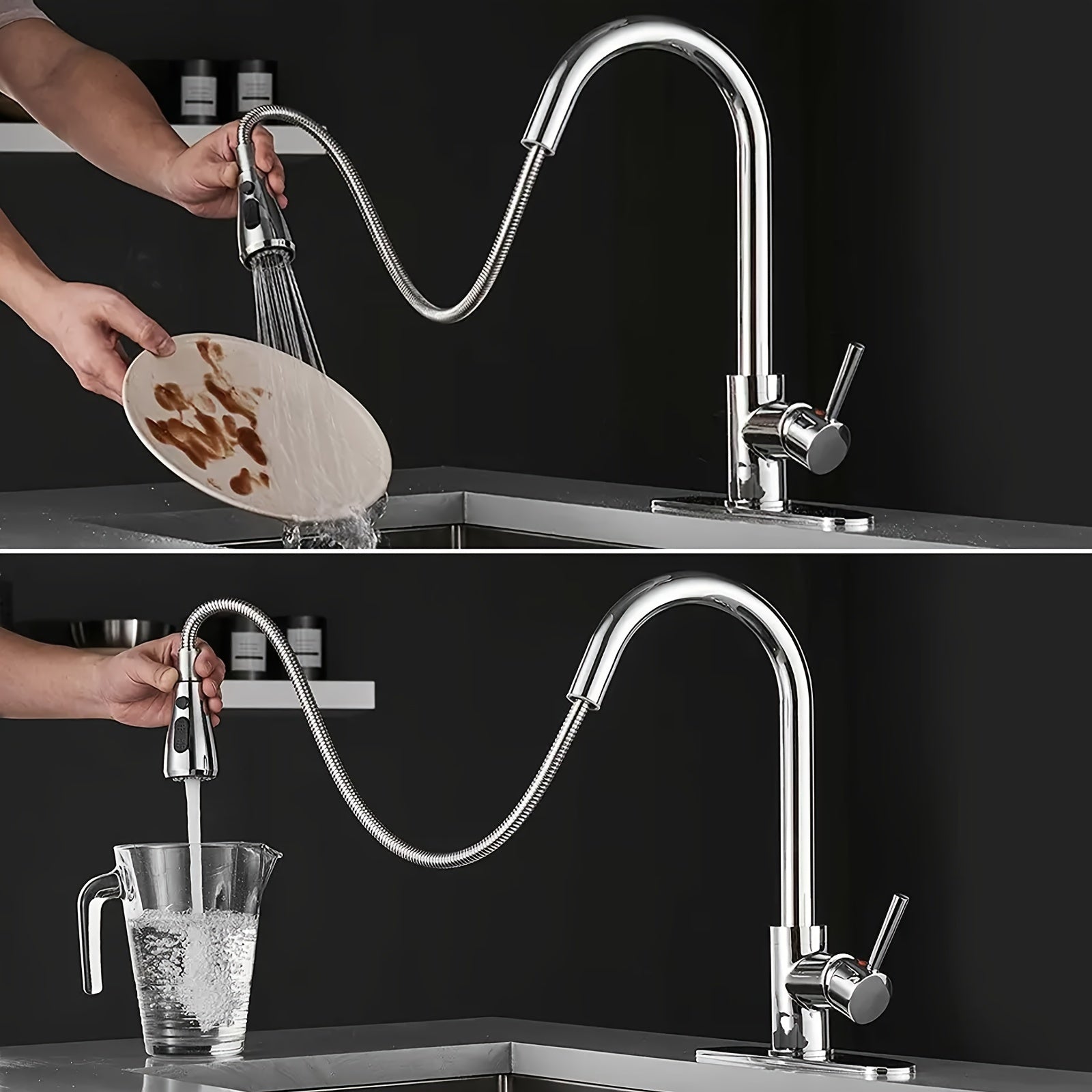 One Kitchen Faucet Featuring a Pull-Down Spray, Single Handle, And High Arc Design Made of Commercial-Grade Stainless Steel with a Brushed Nickel Finish. It Includes a Deck Plate And Is Ideal for Use in Bars, Laundry Rooms, Rvs