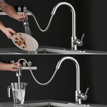 Pull-Down Kitchen Faucet – Single Handle High Arc, Commercial-Grade Stainless Steel, Brushed Nickel Finish, Deck Plate Included, for Kitchen, Bar, Laundry Room & RV