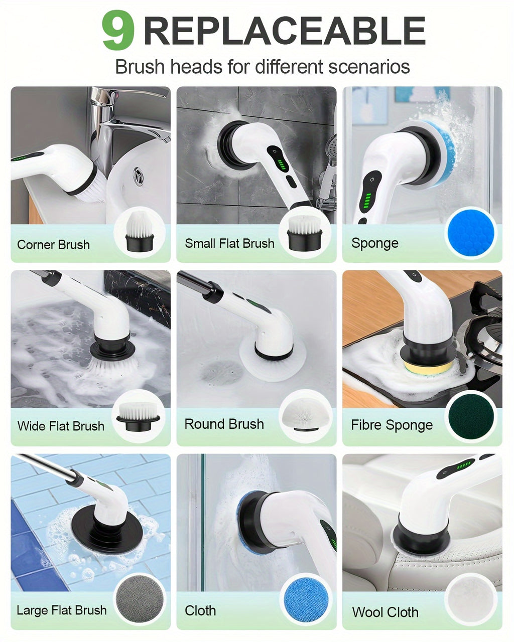 Electric Spin Scrubber for Cleaning, Electric Rotating Floor Washer, Wireless Shower Floor Scrubber, Replaceable 9 Brush Heads, 2 Speed And Adjustable Extension Handle, Kitchen Gadgets Suitable for Bathtub, Tile Floor, Glass, Car