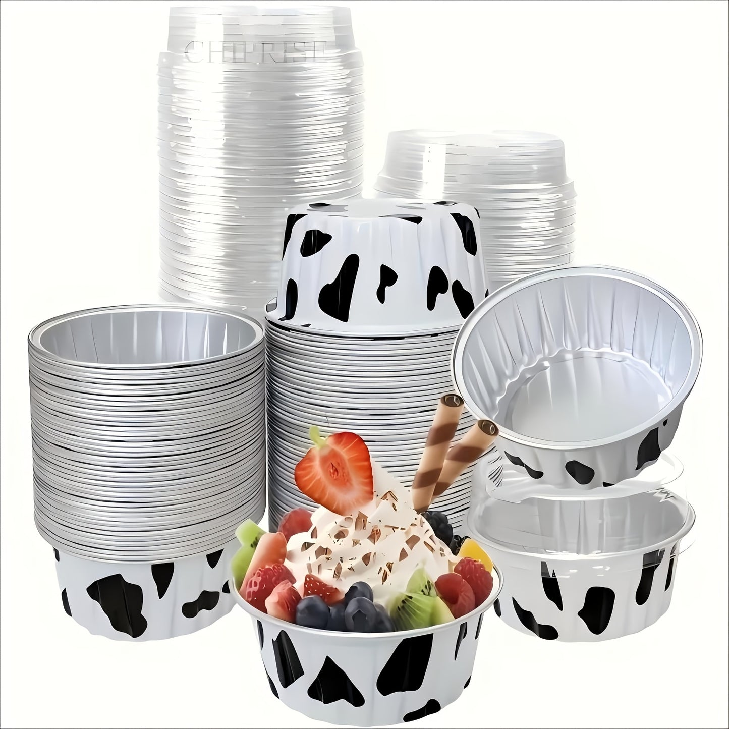 100-Pack Aluminum Foil Baking Cups with Lids 50 Boxes + 50 Lids Heat-Resistant Cupcake Molds for Weddings Birthday Parties Desserts Pudding Cream Cake