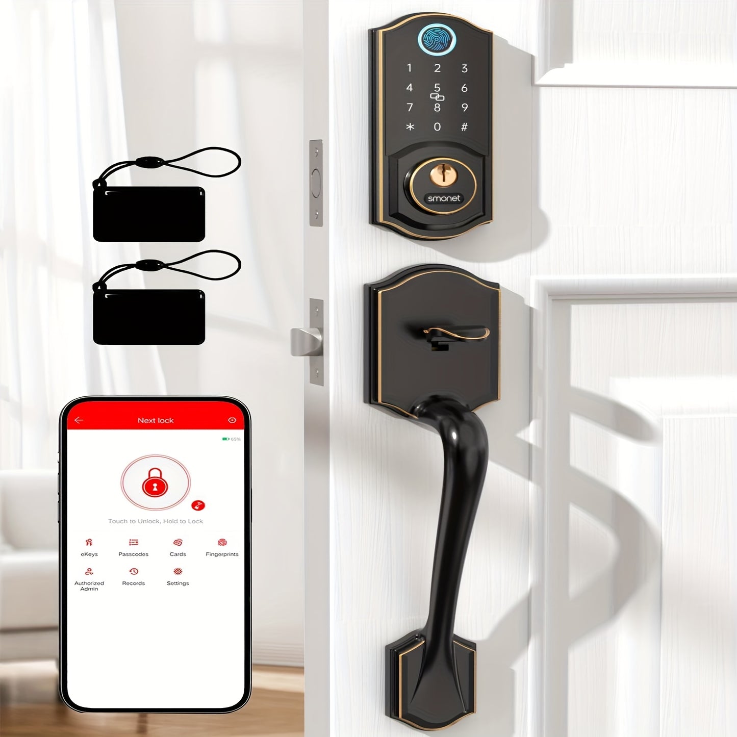 SMONET Y1 Smart Door Lock Alexa Compatible, Fingerprint Keypad Bluetooth Deadbolt, Keyless Entry with Auto-Lock, App Control — Front Door Handle Set Canada