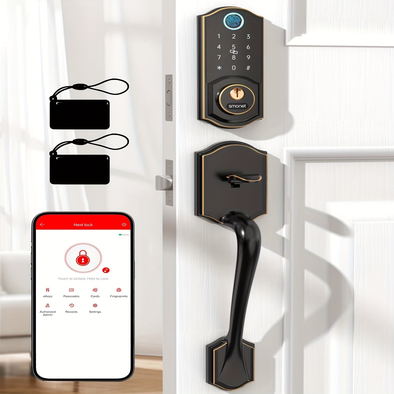 SMONET Smart Front Door Lock Handle Set, Keyless Entry Door Lock with Handle, Smart Deadbolt Auto-Lock Easy to Install, Fingerprint Keypad Buletooth Digital Deadbolt, Work with Alexa, App Control Black
