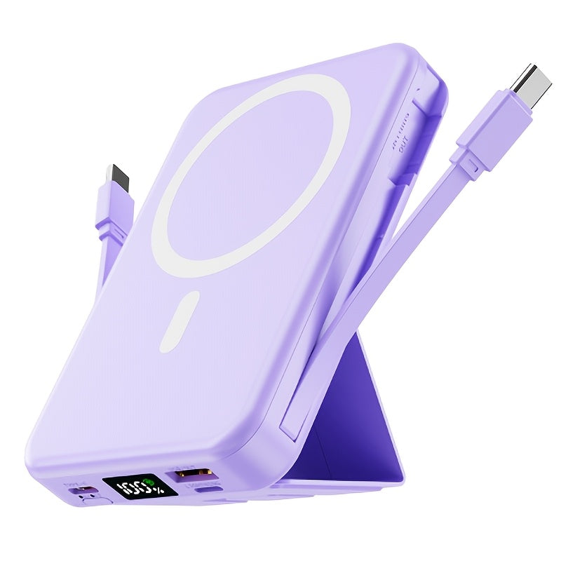 10000mAh Magnetic Power Bank with Digital Screen & Built-in Dual Cables - Charge 5 Devices Simultaneously, Portable USB Fast Charging Battery Pack with Stand, Compatible with iPhone 15 Pro Max iPad