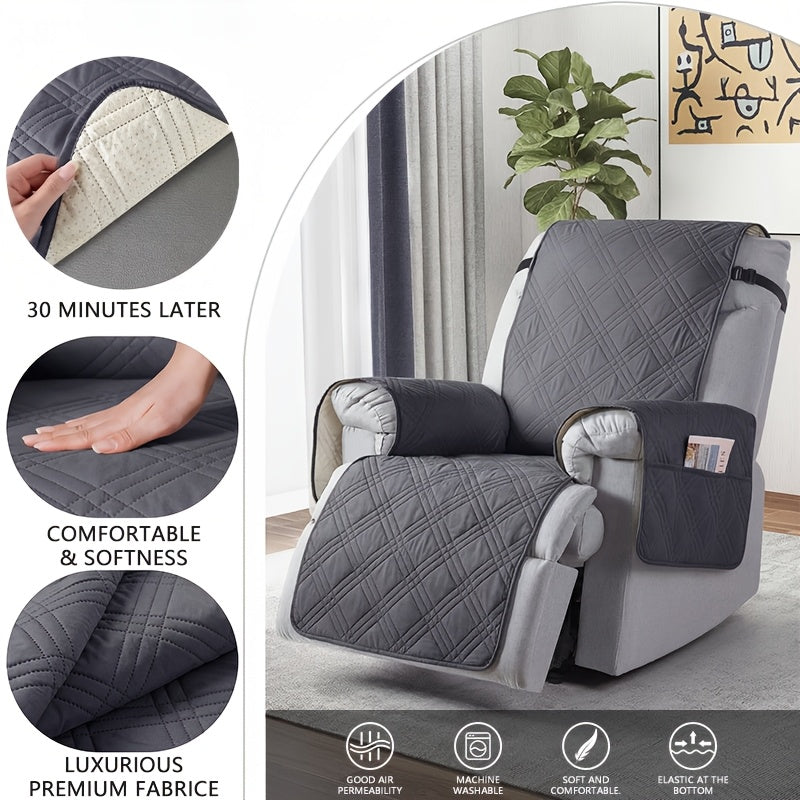 Recliner Cover Sofa Protector Quilted with Pockets & Elastic Straps, Pet Scratch-Resistant Washable Furniture Cover, Easy Install – Armchair Slipcover for Home Decor, Mother's Day Gift