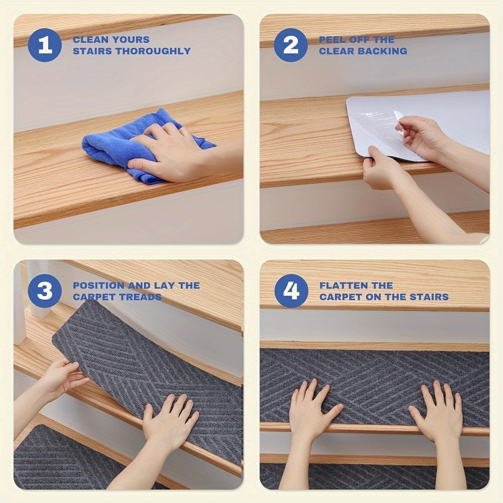 15pcs, KOKOJO Stair Treads For Wooden Steps, 8" X 30", Pre-Applied Adhesive, Anti Slip Indoor Staircase Carpets Runners Rugs Safety For Elders And Dogs