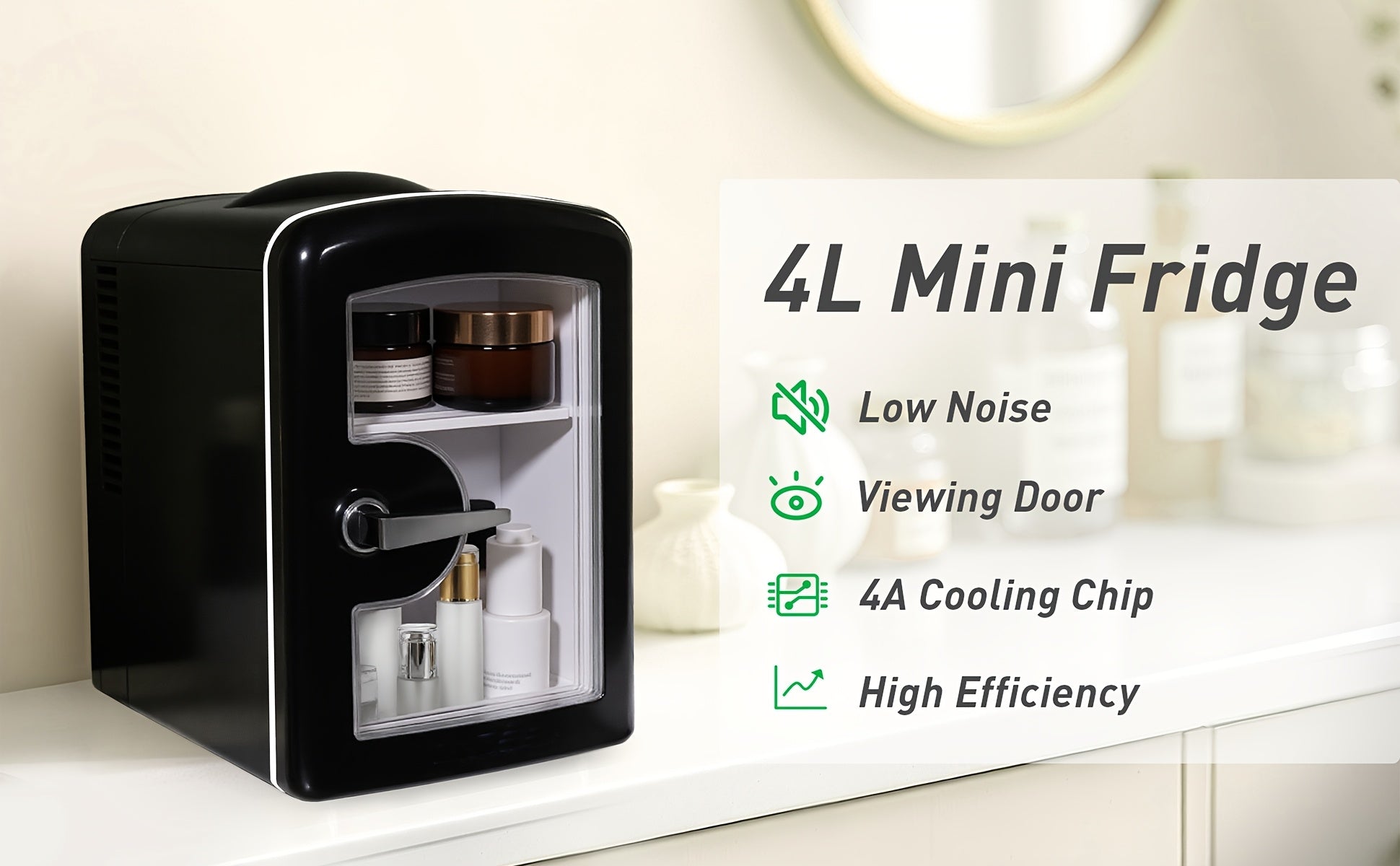 Mini Fridge 1.06 Gallons, 12V DC Power Supply, Low-noise Design, Portable Compact Refrigerator, Suitable for Bedrooms, Dormitories, Cars, Desks, Freezing Skin Care, Cosmetics, Gifts, Christmas Gifts, Cute
