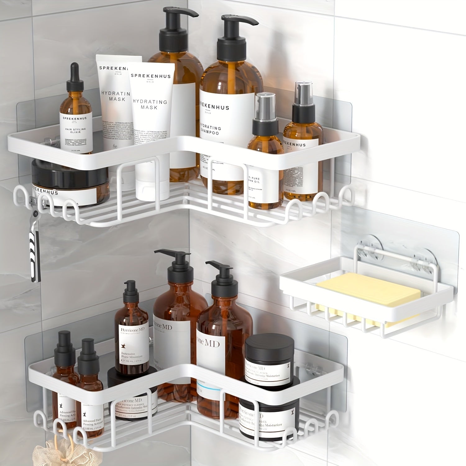 Drill-Free Corner Shower Caddy 3-Pack with 12 Hooks – Adhesive Bathroom Corner Shelf Organizer, Rust-Proof Shower Storage Rack for Shampoo Soap Razor