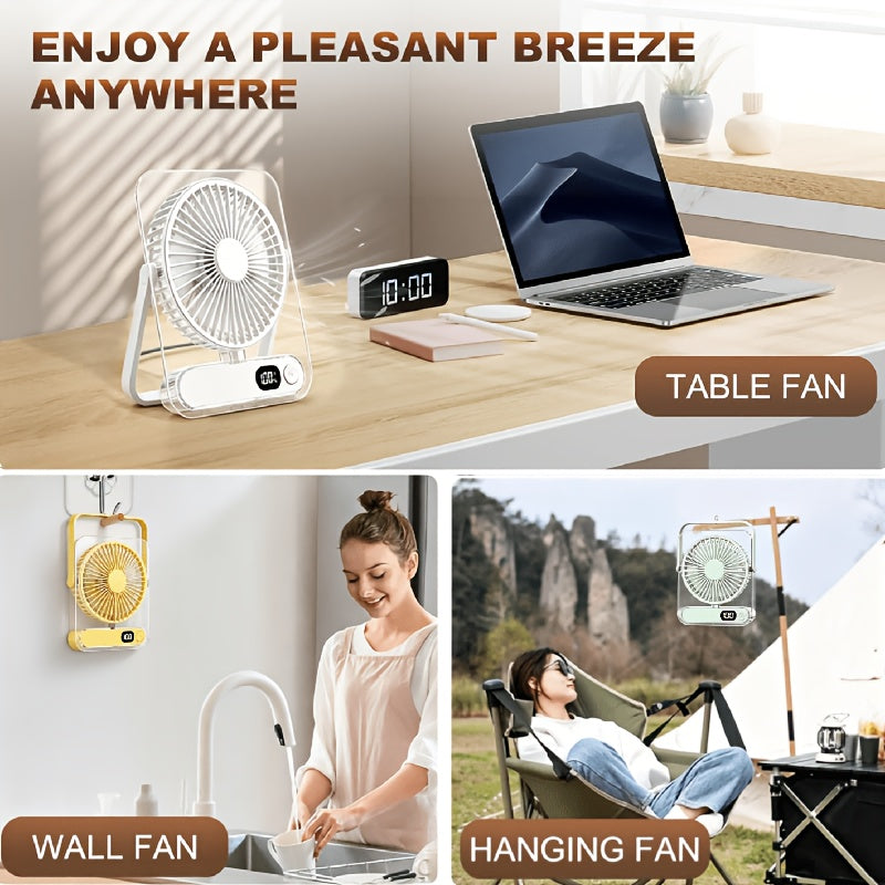 Rechargeable Circulating Cooling Fan, 5-Speed Cooling System - 3000Mah Battery, Wide-Angle Air Supply, Digital Display, Suitable for Home, Office, Camping, Portable Multifunctional Wall-Mounted And Desktop Air Conditioning Fan