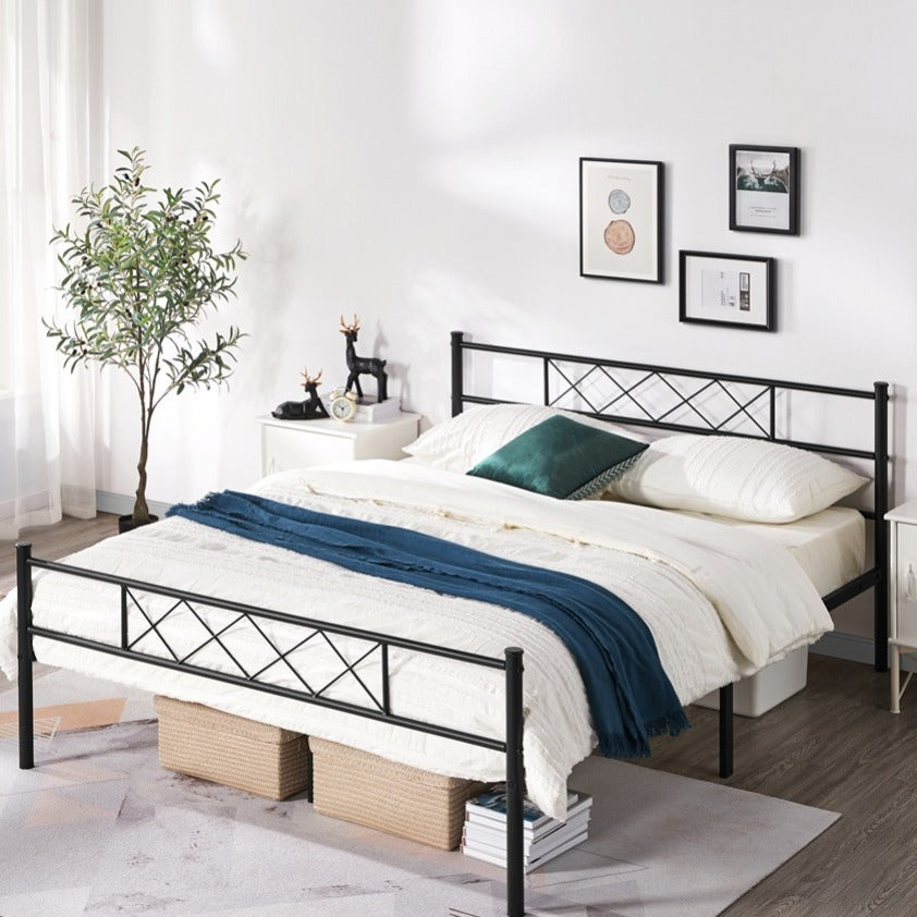 Metal Platform Bed Frame with Cross Design Headboard and Footboard - Industrial Style, 12 Metal Slats, Under-Bed Storage, Twin Full Queen, Black or White, for Bedroom Dorm Apartment Canada
