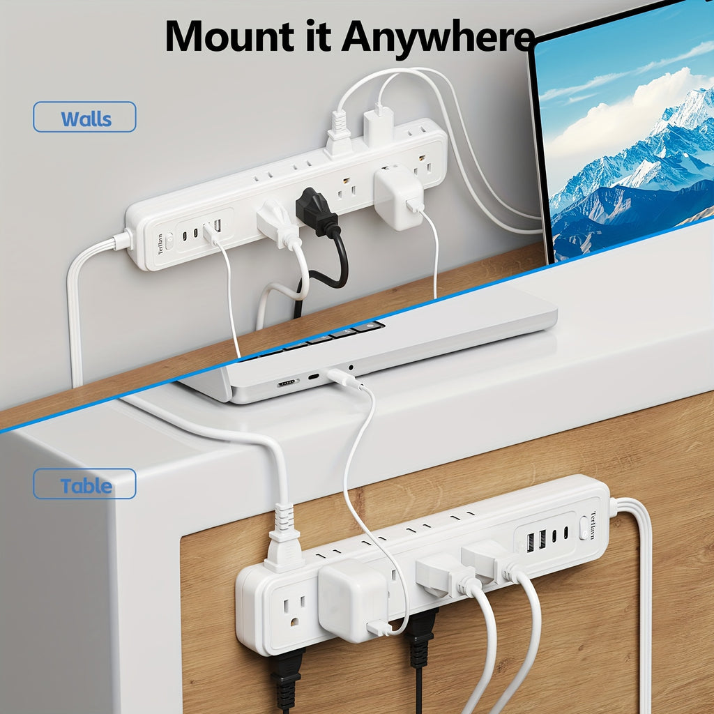 Surge Protector Power Strip with 15 Outlets 4 USB Ports (2 USB C), 5FT Flat Plug Extension Cord, 1875W Wall Mount, Desktop Charging Station for Home Office Dorm, White, Fast Delivery from Local Warehouse