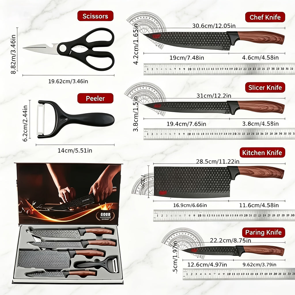 Ultra-sharp And Durable 6pcs Kitchen Knife Set, Carbon Steel Blades with Non-slip Handles, Ideal for Home Kitchen Cooking, Suitable for Outdoor Camping, Barbecues And Various Occasions, Packaged In An Elegant Gift Box.