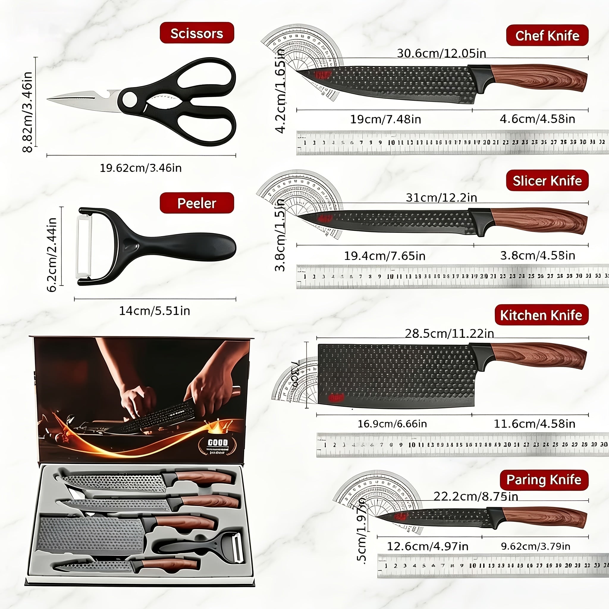 Ultra-sharp And Durable 6pcs Kitchen Knife Set, Carbon Steel Blades with Non-slip Handles, Ideal for Home Kitchen Cooking, Suitable for Outdoor Camping, Barbecues And Various Occasions, Packaged In An Elegant Gift Box.