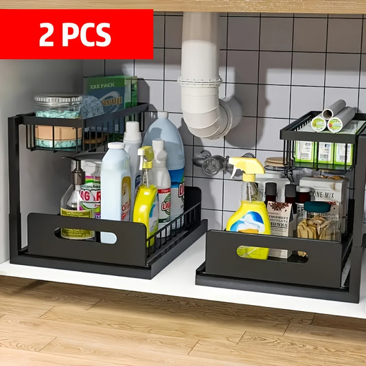 Set of 2 Two-Tier Pull-Out Organizers Designed for Under-Sink Cabinets, Featuring Padded Shelves Suitable for Framed Cabinets. This Metal Slide-Out Storage Solution Includes Mesh Sliding Drawers, Perfect for Use in Kitchens, Bathrooms