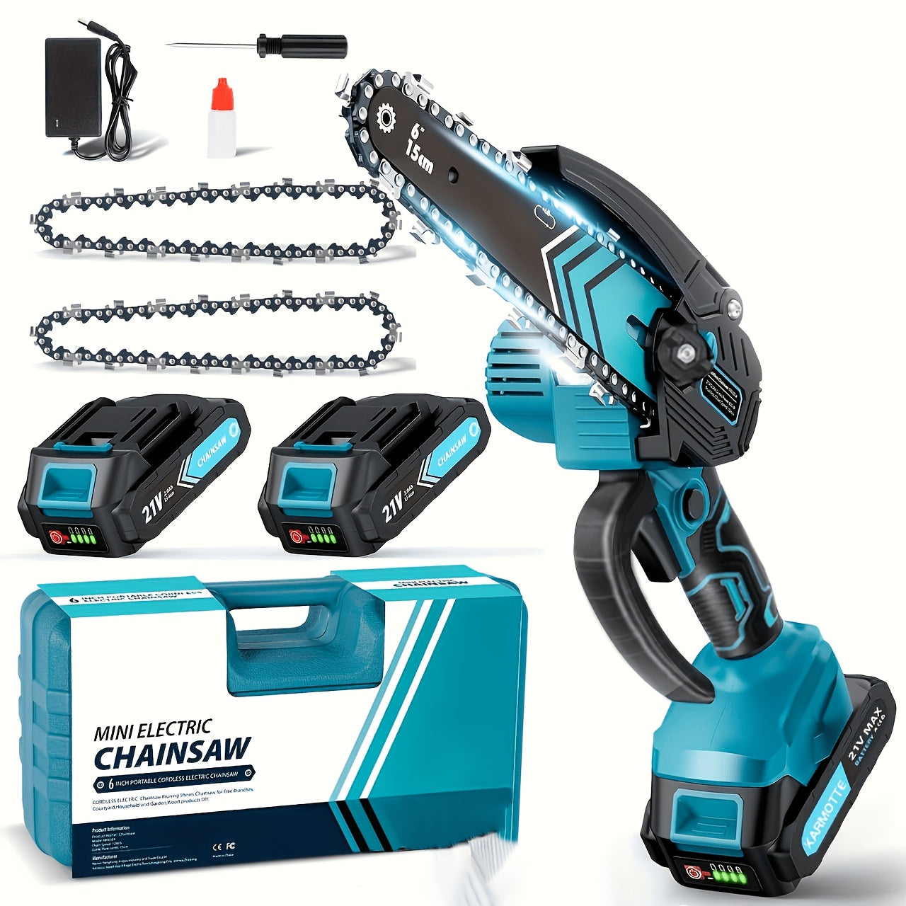 Mini Chainsaw 6" & 8" Brushless Cordless – 700W Auto Oiler, 21V 2000mAh Battery, Toolless Adjustment, Lightweight for Tree Trimming, Wood Cutting, Camping & Garden Use