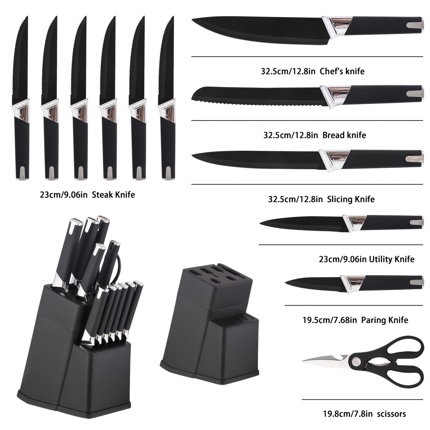 13-Piece Kitchen Knife Set with Block & Holder – 6 Steak Knives, Chef Knife, Bread Knife & Scissors Included – Sharp Stainless Steel Blades – Housewarming Gift for Home Cooks