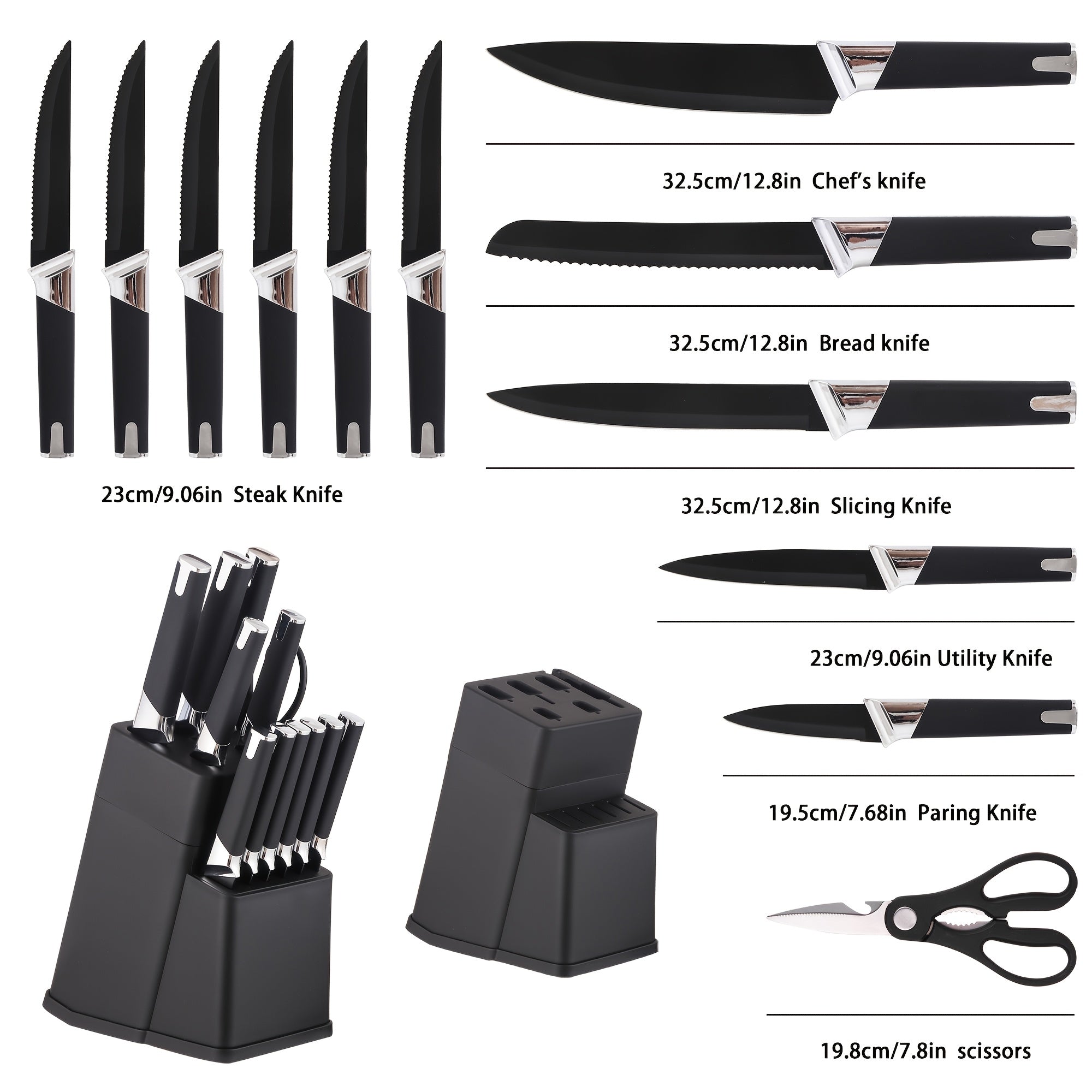 13pcs All-in-One Kitchen Knife Set with Holder - Includes 6 Steak Knives, Chef Knife, Bread Knife & Scissors - Perfect Housewarming Gift for New Home - Sharp & Durable Cooking Tools