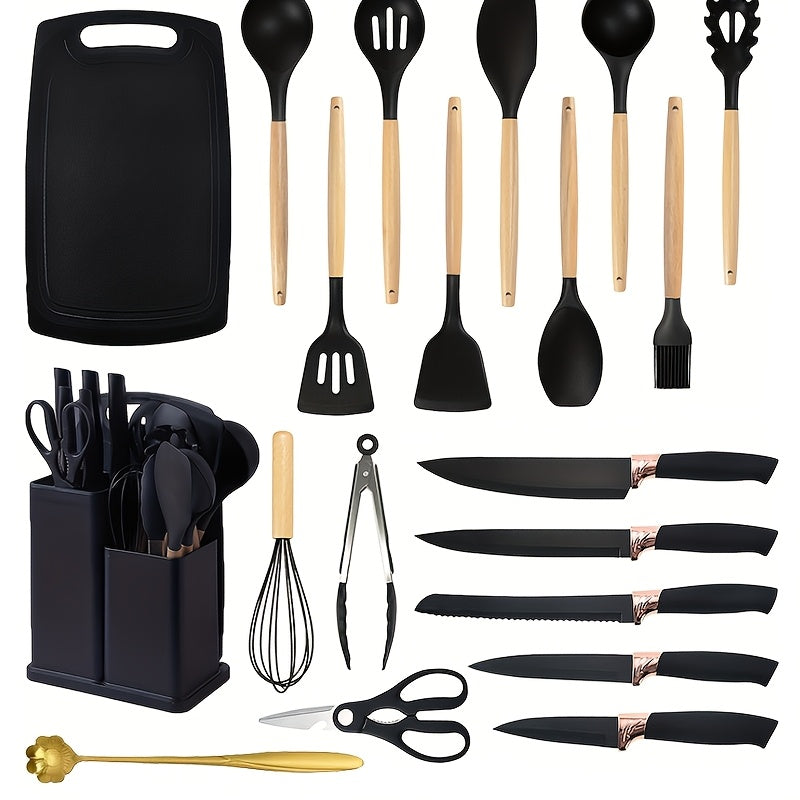20-Piece Kitchen Cooking Utensils & Knife Set with Block – 11pc Silicone Utensil Set, 5 Stainless Steel Chef Knives, Scissors, Whisk, Spoon & Cutting Board | 5 Colours | ShopVora CA