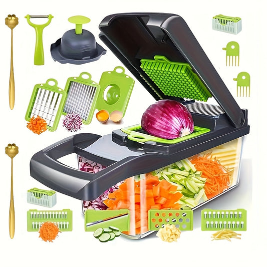 18pcs Vegetable Chopper W/Container, Cheese Grater Hand Crank, Box Mandoline Slicer Food Cutter Shredder Mandolin for Veggie Onion Salad Fruit Potato (Kitchen Gadget & Essential)