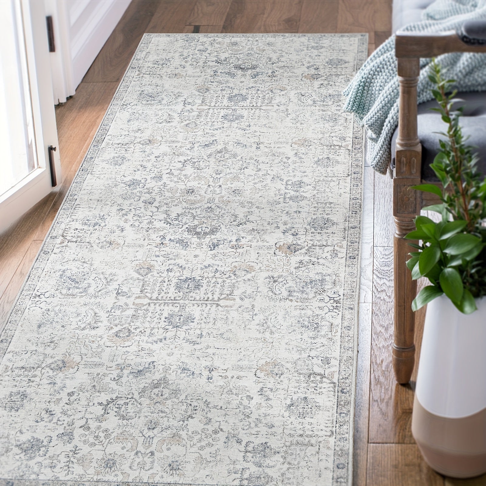 Vintage Boho Distressed Floral Area Rug – Machine Washable, Non-Slip Backing, Stain Resistant – Retro Oversized Accent Carpet for Living Room, Bedroom, Kitchen & Dining Room