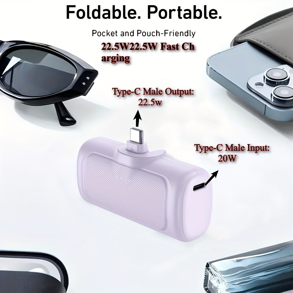 22.5W Quick Charge, 5000Mah Compact Power Bank, USB-C Mobile Energy, Compatible with All Devices, USB Type-C, Dual Charging Mode, Rechargeable Lithium Polymer Battery, Suitable for Iphone 16/15 Series And Android Phones