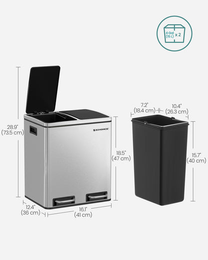 Dual Compartment Stainless Steel Recycling Trash Can – 2 x 4 Gallon (2 x 15L) Kitchen Recycle Bin with Soft-Close Lids, Foot Pedals & Removable Inner Buckets – Fingerprint-Resistant Silver