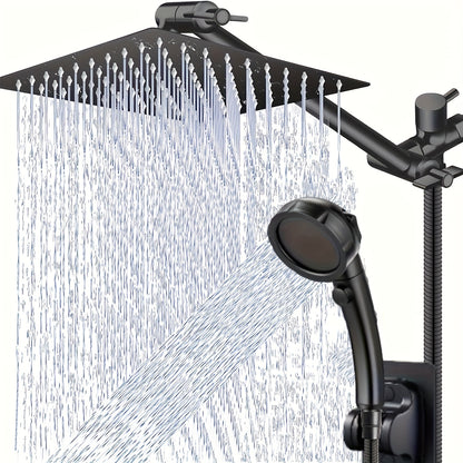 Rain Shower Head Combo Set, 8/10-Inch High-Pressure Rainfall Shower Head with 9-Inch Adjustable Extension Arm, 3-Setting Handheld Showerhead & 59-Inch Hose, Powerful Spray for Low Water Pressure
