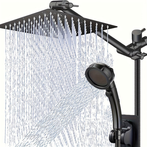 Rain Shower Head Combo Set, 8/10-Inch High-Pressure Rainfall Shower Head with 9-Inch Adjustable Extension Arm, 3-Setting Handheld Showerhead & 59-Inch Hose, Powerful Spray for Low Water Pressure