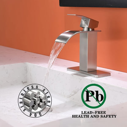 Waterfall Bathroom Faucet Single Hole 1 or 3 Hole Sink Mixer Tap with 6" Deck Plate Vanity Faucet for Farmhouse RV Bathroom Matte Black Brushed Nickel