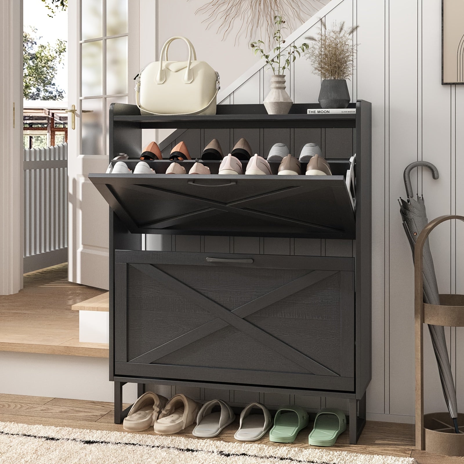 Rustic Brown Wooden Shoe Storage Cabinet With 2 Flip Drawers And Open Storage Shelf, Freestanding Entryway Shoe Cabinet With Metal Legs, Narrow Shoe Rack Organizer With Hidden Design, Holds 12-16 Pairs, Christmas Gift Or Black Friday Deal