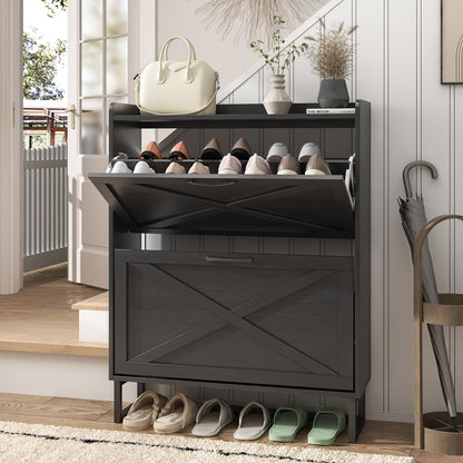 Entryway Shoe Cabinet Rustic Brown with 2 Flip Drawers & Open Shelf - Freestanding Narrow Shoe Rack Organizer Metal Legs Hidden Storage Holds 12-16 Pairs - Canada