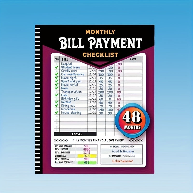 48-Month Bill Payment Planner & Financial Organizer – Monthly Household Budget Tracker, 4-Year Expense Log Book, Paper Notebook for Home Finance Management