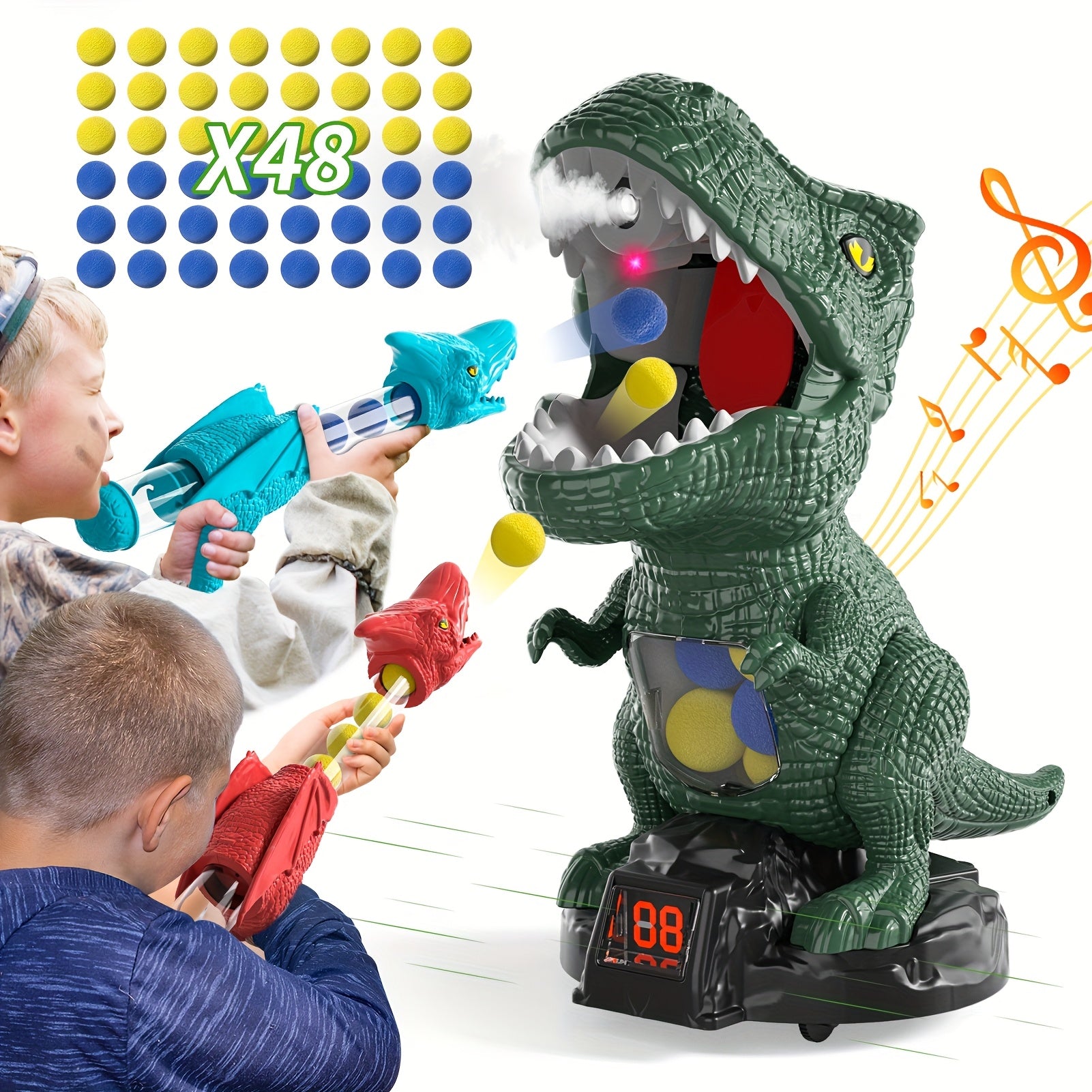 Dinosaur Shooting Game Toy with 48 Bullets Googles & 2 Launchers, Movable Dino Shooting Toy with Sound Light & Spray Boys Toys for 3 Ages And Up