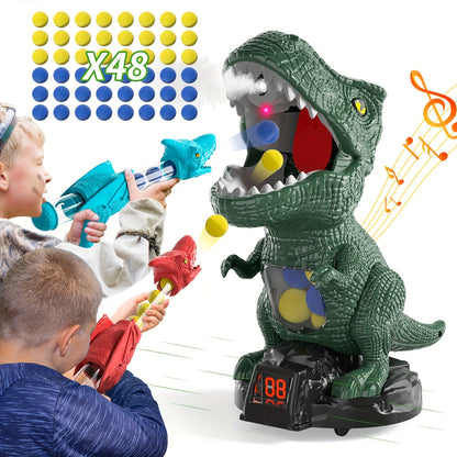 Dinosaur Shooting Game Toy with 48 Bullets, 2 Launchers & Goggles – Movable Dino with Sound, Light & Spray Effect, Interactive Outdoor Toy for Boys Ages 3 and Up