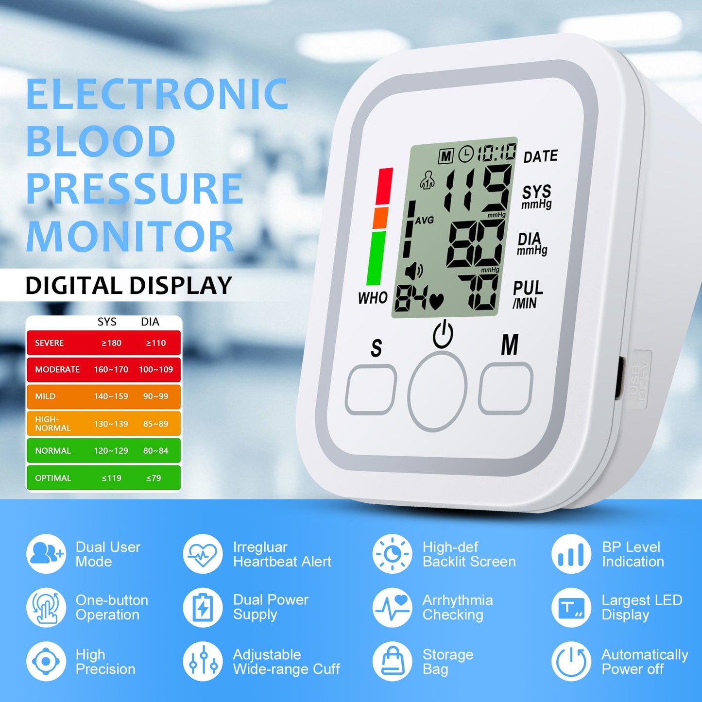 Portable Upper Arm Blood Pressure Monitor with Voice Reports & Hypertension Alert – Large LCD Display, One-Touch Operation, 2×99 Memory, Adjustable Cuff, Home & Travel BP Monitor for Seniors & Pregnant Women