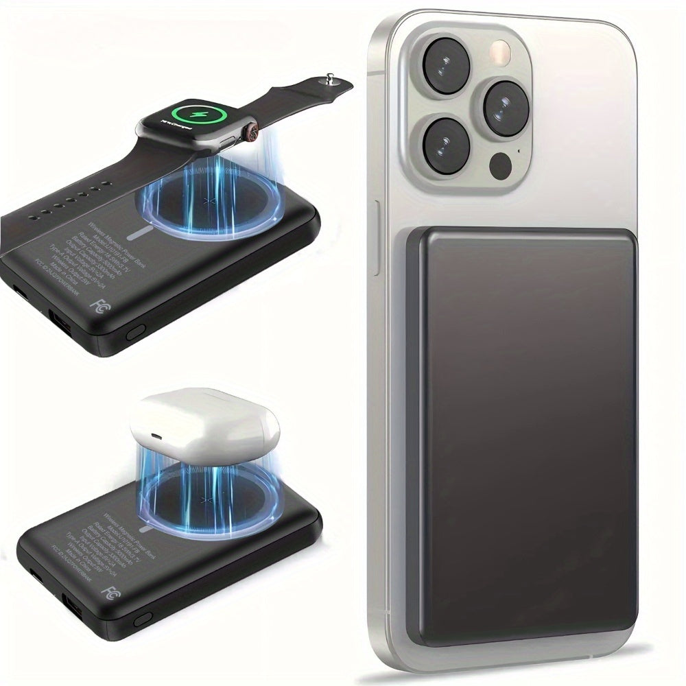 Mini magnetic wireless charging mobile power, 5000mAh portable pack with USB-C input and output, suitable for 15/ 16, Android and other devices