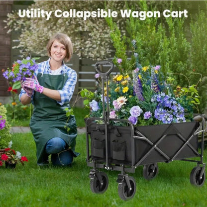 680LBS Heavy Duty All-Terrain Folding Utility Cart – 155L Large Capacity Collapsible Wagon with 360° Swivel Wheels & Adjustable Handle for Camping, Yard, Gardening, Sports & Shopping – Black