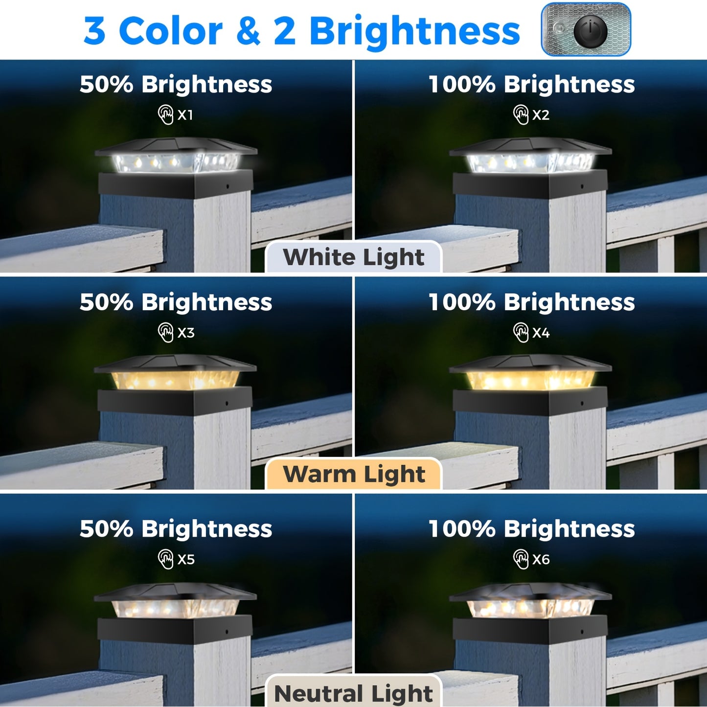 Solar Post Cap Lights 4x4 Inch 6/12/18 Pack – 3 Colour Modes Cool Warm Neutral White, 2 Brightness Levels Auto On/Off Solar Fence Post Lights for Deck Yard Garden