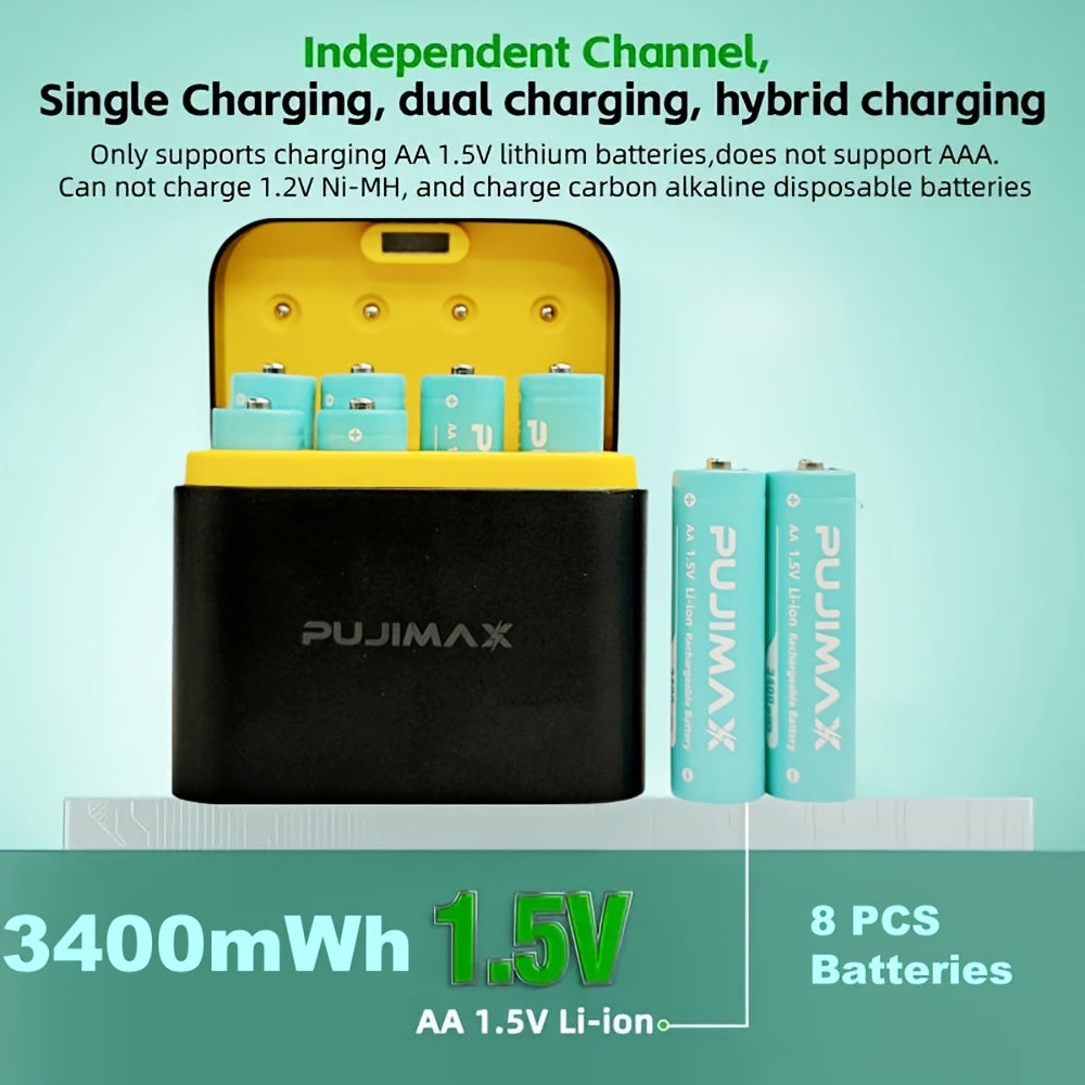 PUJIMAX 1.5V AA Rechargeable Lithium Battery with Fast Charger Box, 8pcs 3400mWh High Performance Lithium Battery, Easy Storage And Quick Charging, Quick Charging Solution, Long Lasting Rechargeable AA Lithium Ion Battery And All-in-One Charging Box