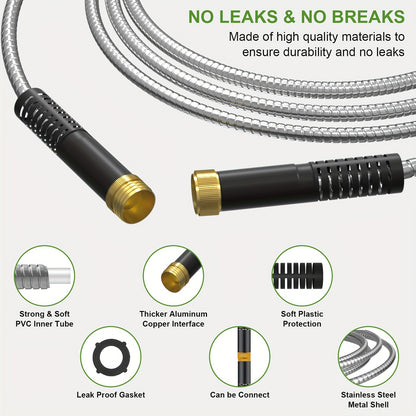 Stainless Steel Garden Hose with 10-Function Nozzle – Heavy-Duty Puncture-Proof No-Kink Flexible Metal Hose for Yard, Lawn, Car Wash & Pet Cleaning, 25ft / 50ft / 100ft