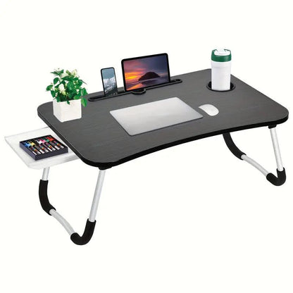 Laptop Bed Desk Set 2-Piece – Extra-Large Foldable Lap Tray Table with Cup Holder & Storage Drawer, Includes Cleaning Cloth, Adjustable Height, for Bed Sofa Floor – Walnut, Black, Pink & White