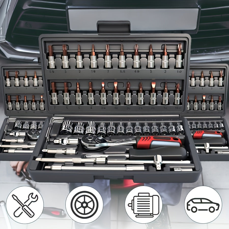 46/52+1/215+1pc Car Repair Tool Set, Ratchet Wrench, Metric Socket Screwdriver Bits, Including A Set Of Mechanical Tools, Extension Rod,  Joint, Slide Rod, SAE And Metric Sockets, Suitable for Vehicle, Industrial Equipment Maintenance