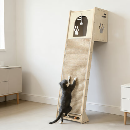 59-Inch Wall Mounted Cat Tree Tower for Large Cats & Kittens – Space-Saving Birch Wood Cat Furniture with Cave, Sisal Scratching Board & Interactive Toys for Small Apartments