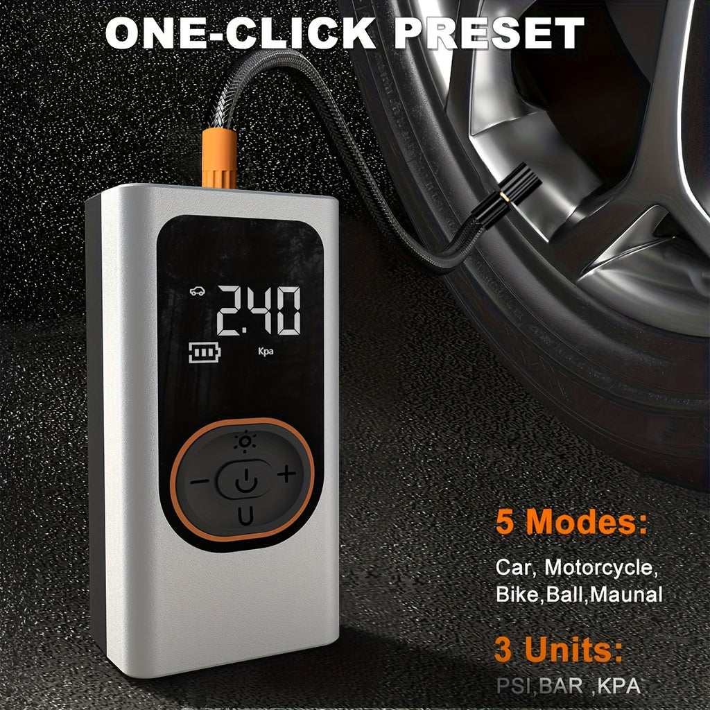 Tire Inflation Pump Portable Air Compressor -150 PSI Automotive Tire Pump with Pressure Gauge And LED Light, Wireless One-Click Intelligent Tire Pump Suitable for Cars, Bicycles, And Motorcycles