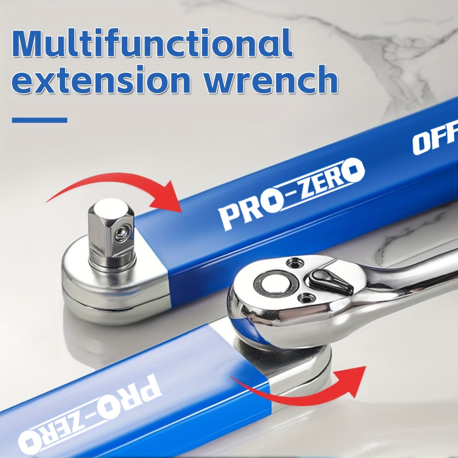 2-in-1 Multi-Function Ratchet Offset Extension Wrench with 1/2", 1/4" and 3/8" Square Head Adapters for Tight Spaces, 180 Degree Swivel, High Torque, Non-Slip Handle, Durable Metal