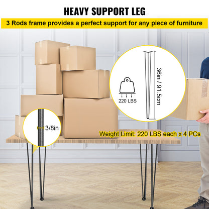 Hairpin Table Legs Set of 4 – Carbon Steel 3-Rod Design, 220 lbs Each, 16–40 Inch – Heavy Duty DIY Furniture Legs for Desk, Bench, Dining Table & Chairs – Black Powder Coat